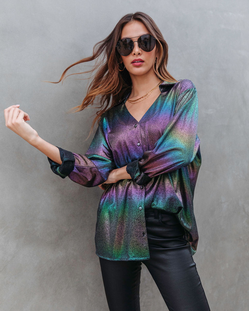Modern Day Disco Iridescent Button Down Top - Se7enfashion
