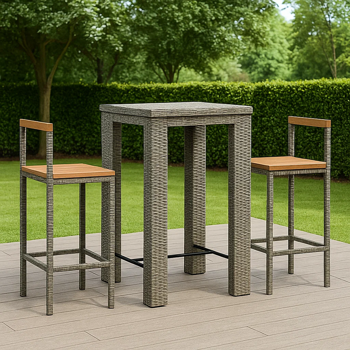 Conjunto de bar para jardín 3 pzas ratán sintético gris con asiento de madera – mesa alta y 2 taburetes