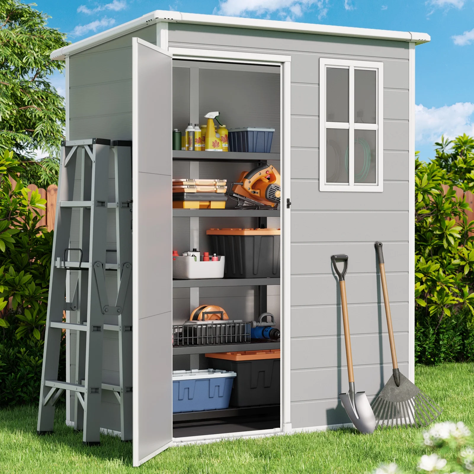 6x4 FT Resin Storage Shed, Lofka Plastic Outdoor Shed with Heavy Duty Floors, 135.6 cu ft, Colorfast, Side Window, Double Lockable Doors for Garden Backyard