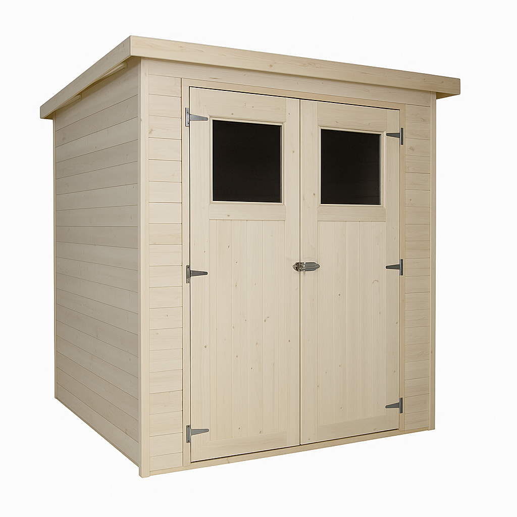 Caseta de jardín de madera, almacenamiento exterior con puertas acristaladas y techo inclinado, 200 × 130 × 210 cm, color natural, ideal para guardar herramientas, equipos de jardinería y bicicletas