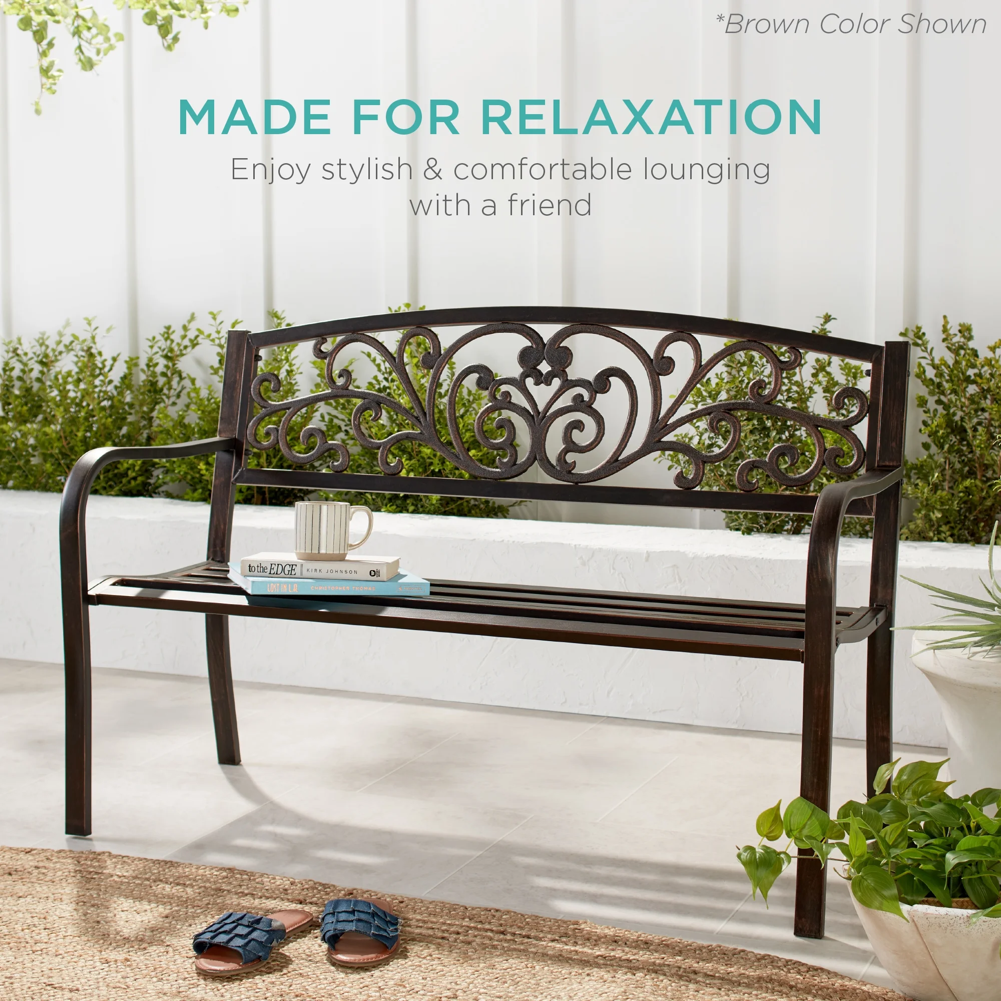 Best Choice Products Outdoor Steel Bench Garden Patio Porch Furniture w/ Floral Design Backrest - Black - Image 25