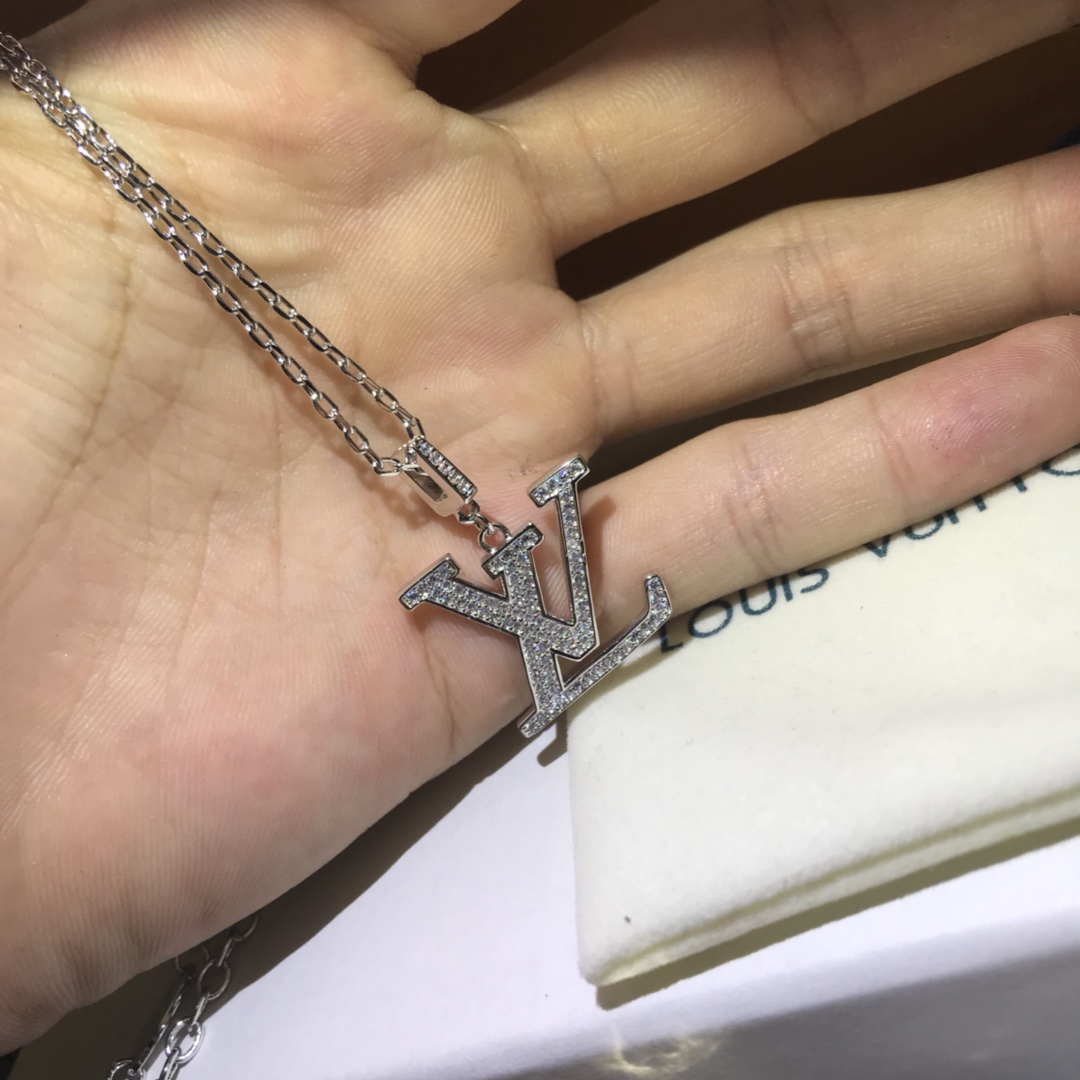Louis Vuitton Full Diamond Paved LV Pendant Necklace - Original Replica Club