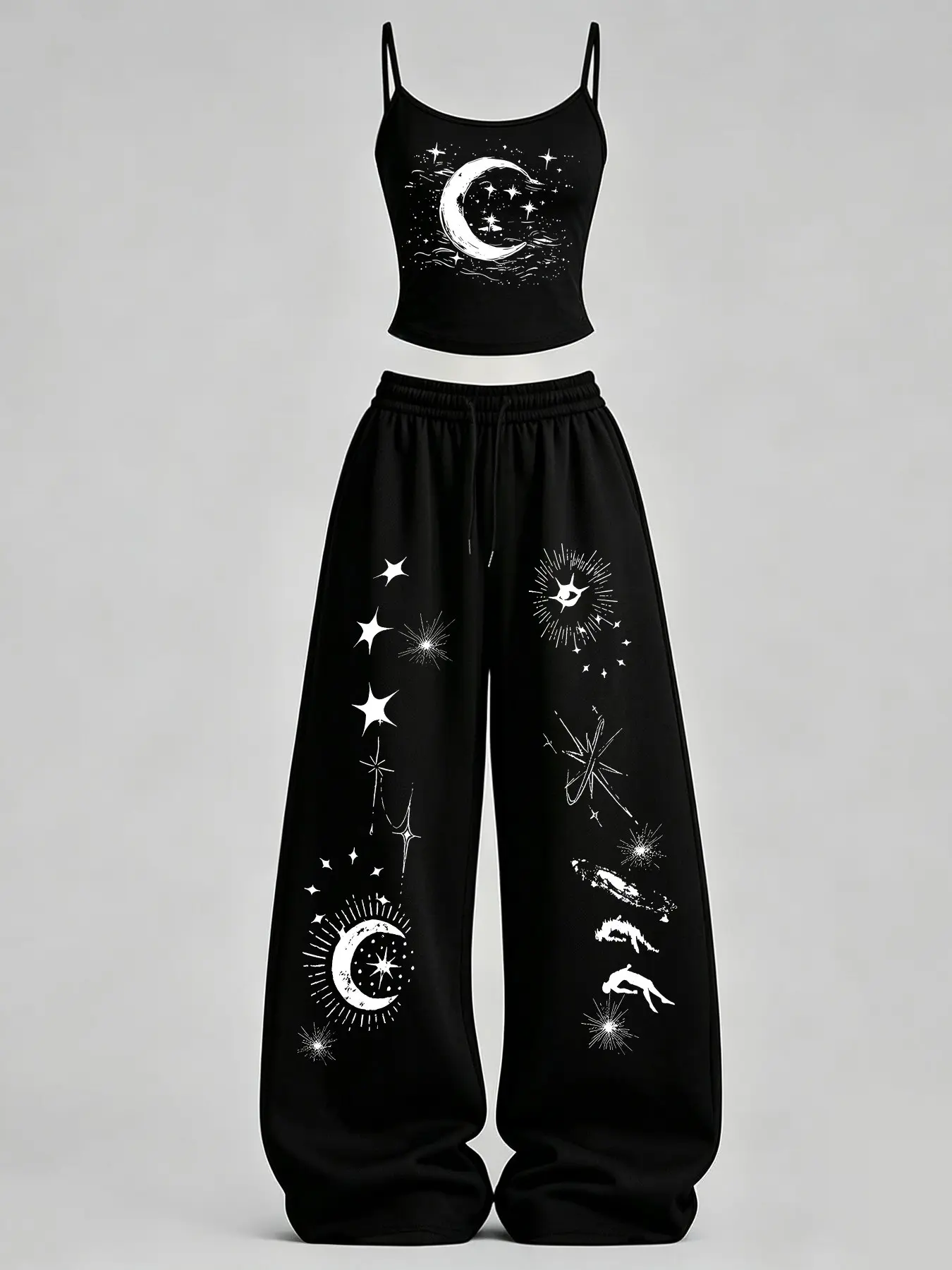 Women's Casual Home Wear Set, Star Moon Print Slim Fit Top + Loose Baggy Pants TeeThreads Sustain the Scene with Custom Apparel