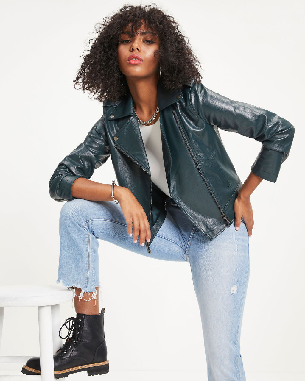 Jingle Bell Rock Pocketed Faux Leather Biker Jacket - Pine - Se7enfashion