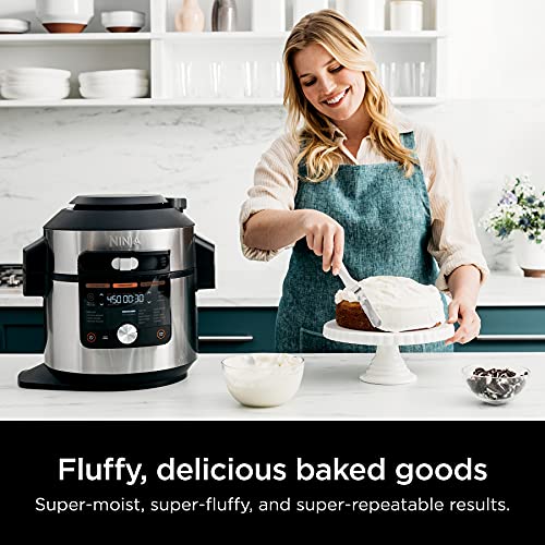 OL701 14 in 1 SMART XL 8 Qt. Pressure Cooker Steam Fryer with SmartLid & Thermometer Auto Steam Release, that Air Fries, Proofs & More, 3 Layer Capacity, 5 Qt. Crisp Basket, Silver/Black