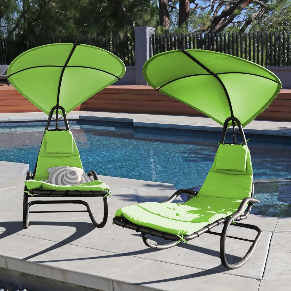 2X Rocking Hanging Lounge Chair - Curved Chaise Rocking Lounge Chair Swing For Backyard Patio w/ Built-in Pillow Removable Canopy with stand {Green} - Image 2