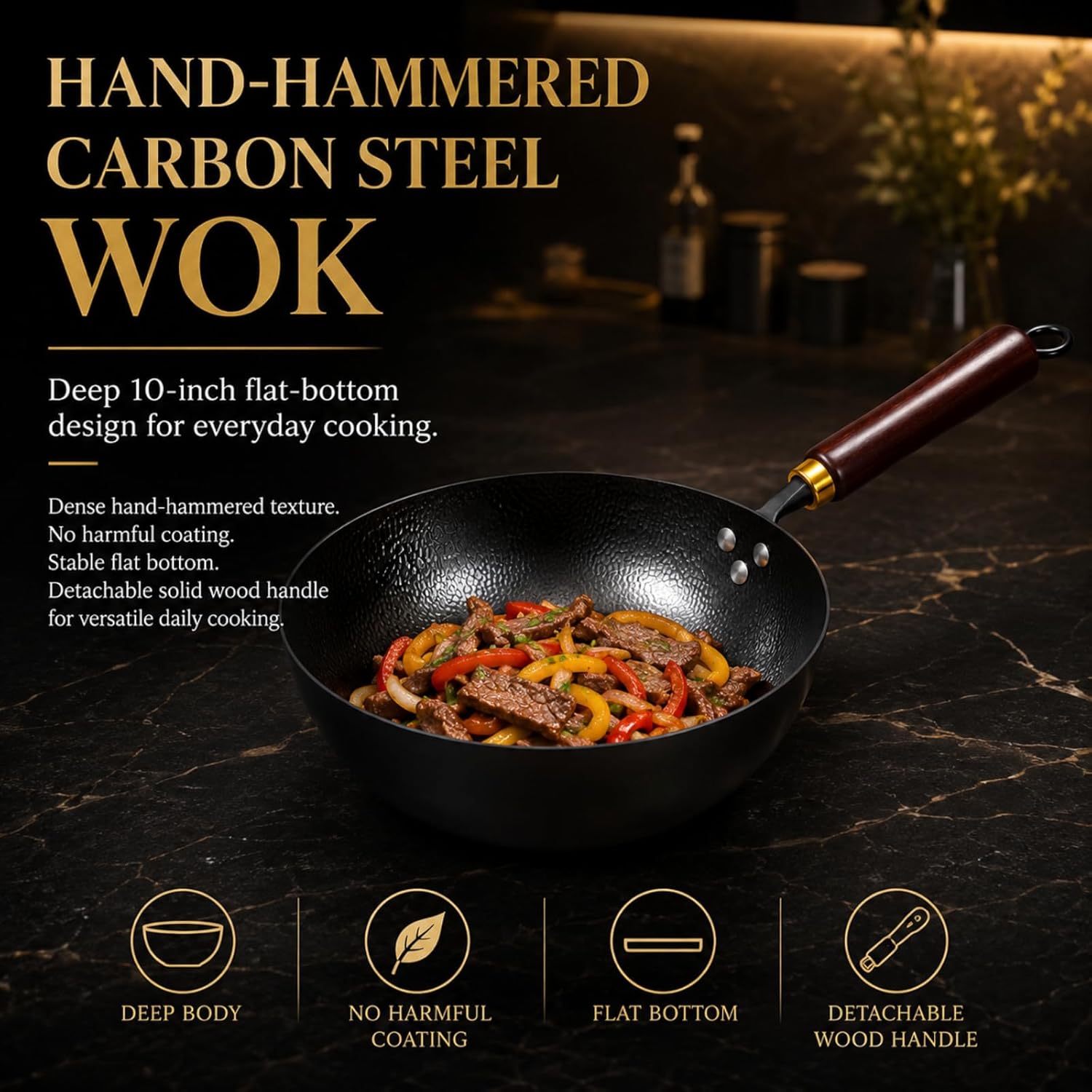 Calmabode Carbon Steel Wok with Lid, 10 Inch Hand Hammered Deep Flat Bottom Wok Pan, Pre-Seasoned Nitrided Stir Fry Pan, Detachable Handle, Oven Safe, All Stovetops, Induction Compatible