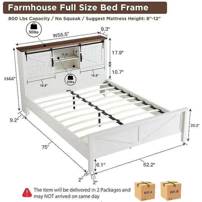 Farmhouse Platform Bed with Storage Headboard Sliding Doors and Charging Station