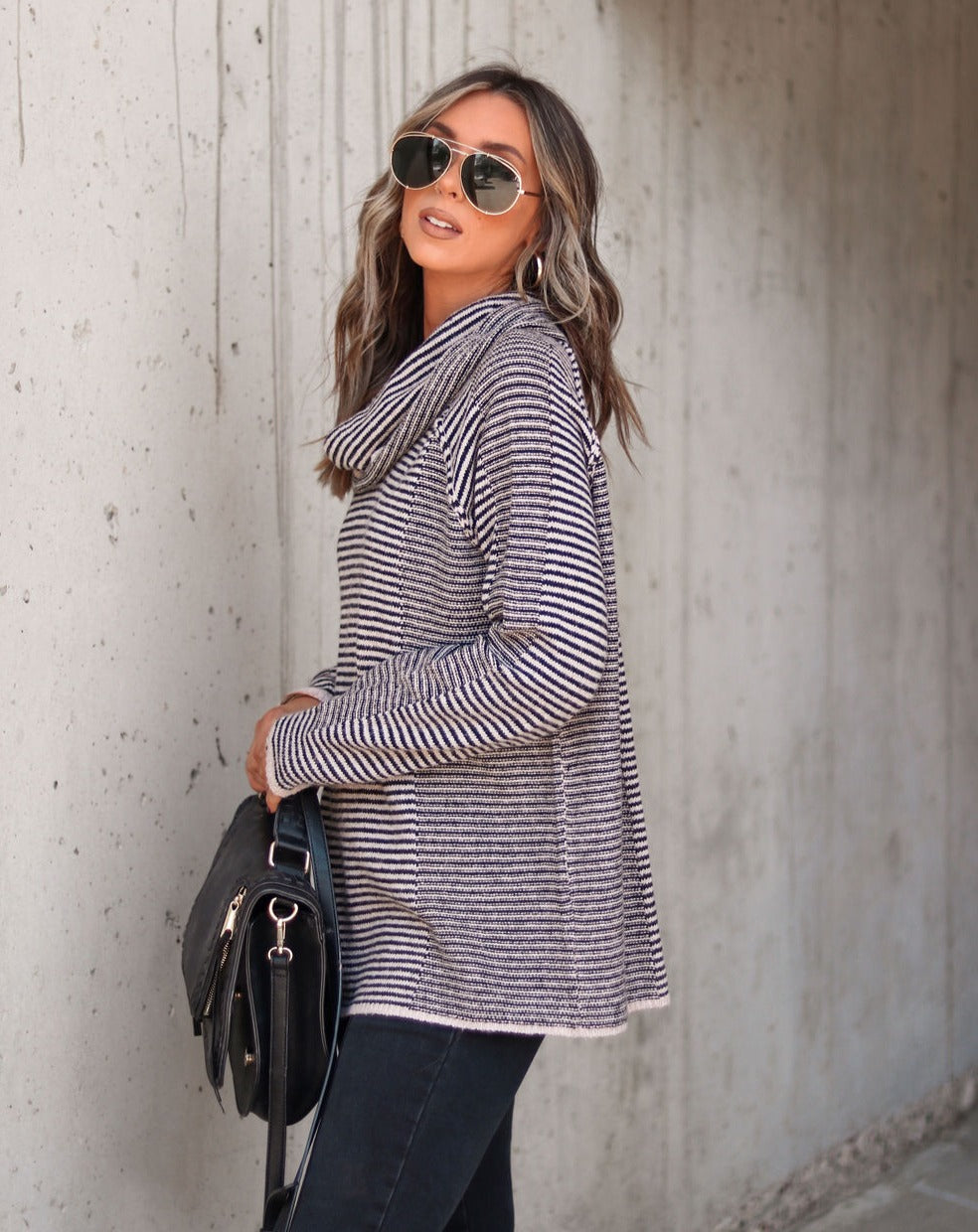 Theresa Striped Knit Cowl Neck Pullover Sweater - Se7enfashion