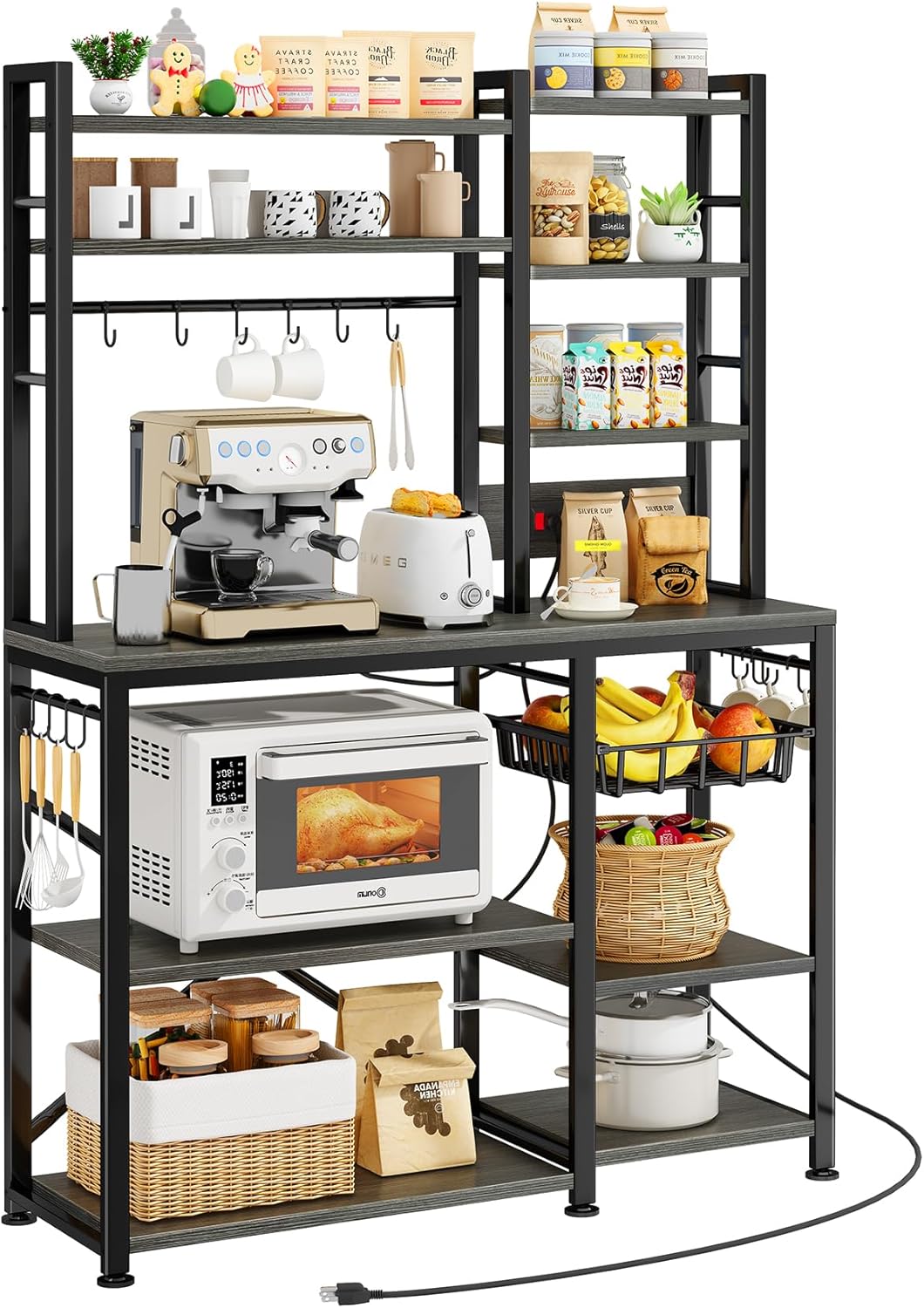 SNTD Baker Rack with Power Outlet - Microwave Stand with Storage, Large Coffee Bar Station with 14 Hooks, Metal Kitchen Shelf Rack for Spices, Pots (Rustic Grey)
