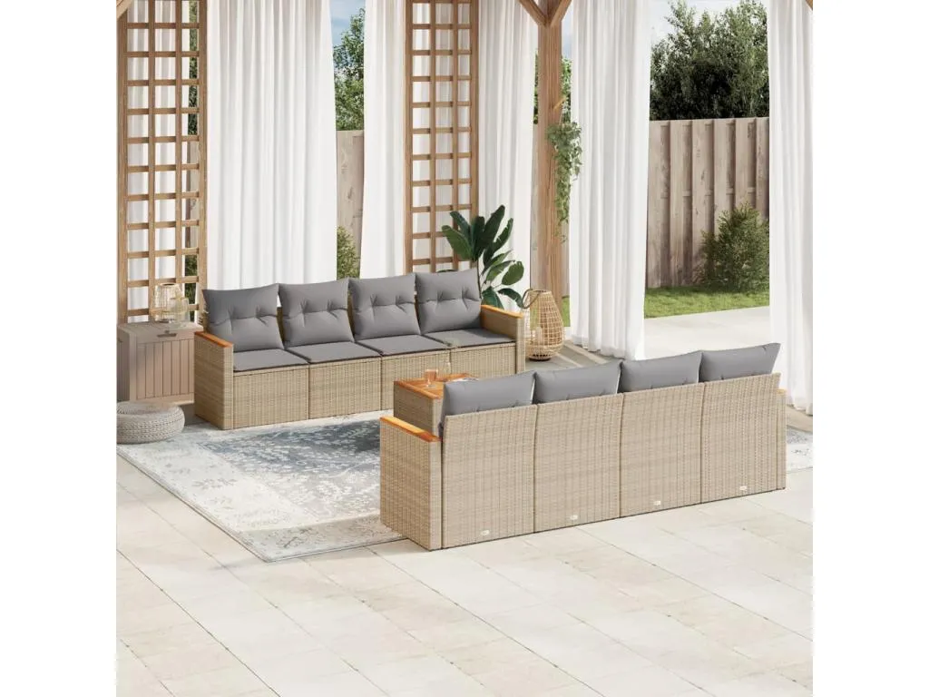 Set de sofás de jardín 9 piezas con cojines ratán sintético beige 47822DPSR