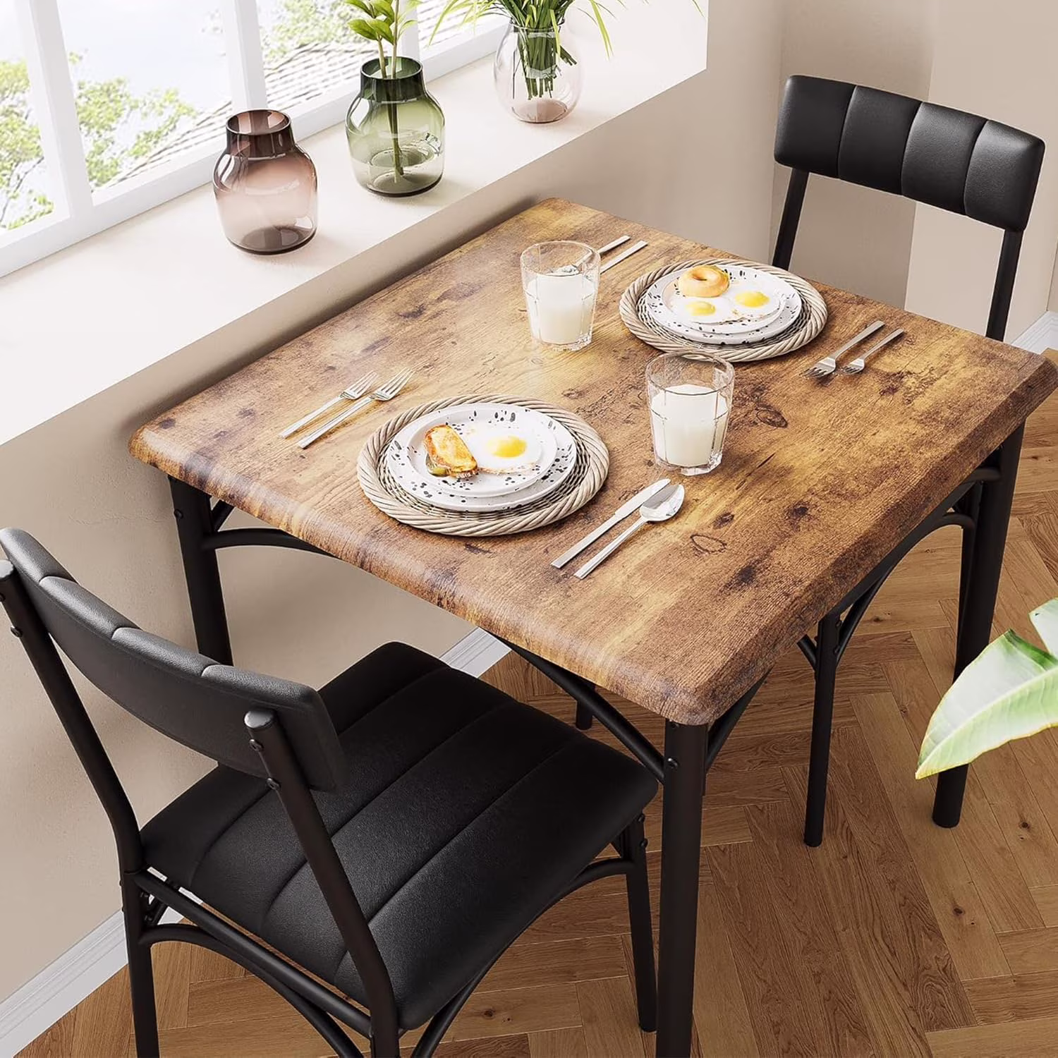 Dining Table Set for 2, Kitchen Table and Chairs for 2 with Upholstered Chairs, 3 Piece Dining Room Table Set, Square Kitchen Table Set for Small Space, Apartment, Studio - Image 3