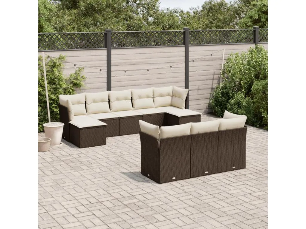 Decocasaes Set de sofás de jardín 10 pzas y cojines ratán sintético marrón dyjg21670