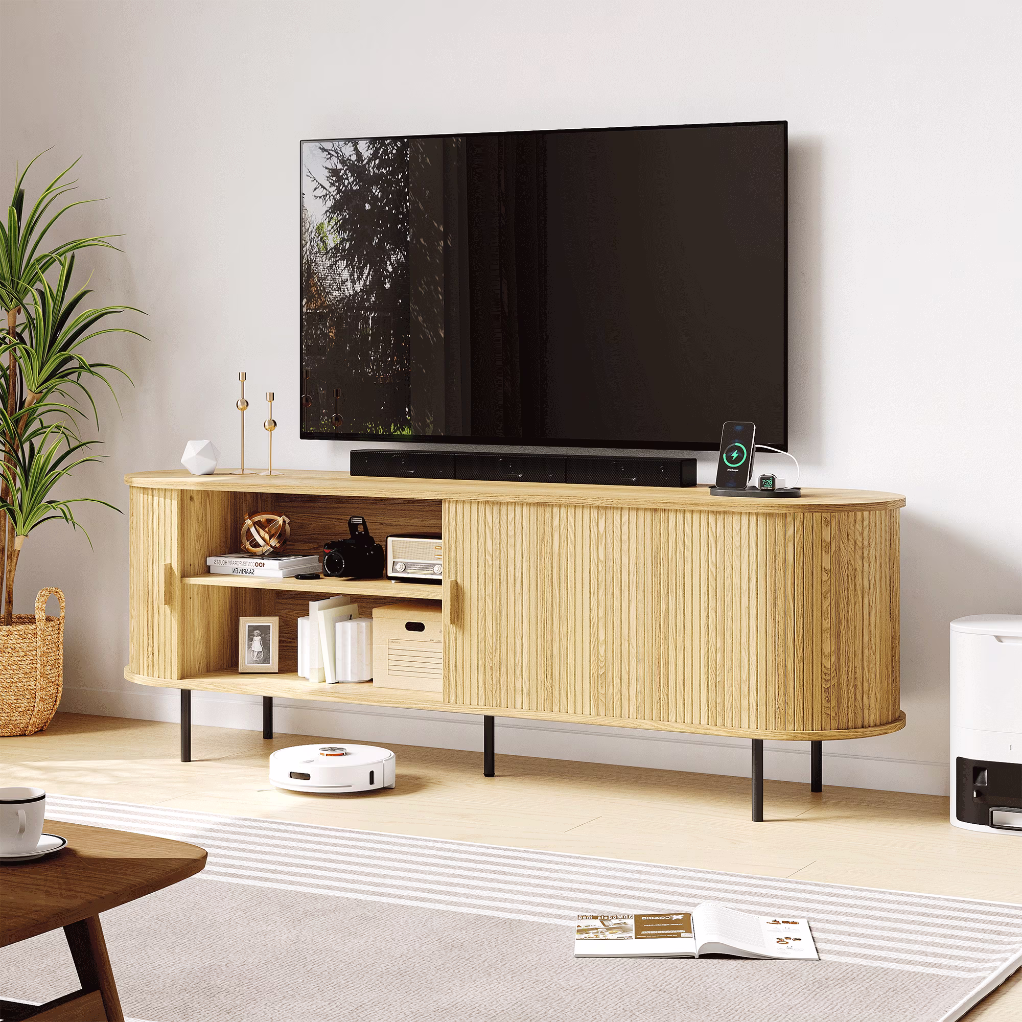 MARNUR 63" TV Stand for 70" TV, Wood Entertainment Center with Storage and Shelves, 2 Sliding Tambour Doors, Mid-Century Modern, Walnut - Image 3