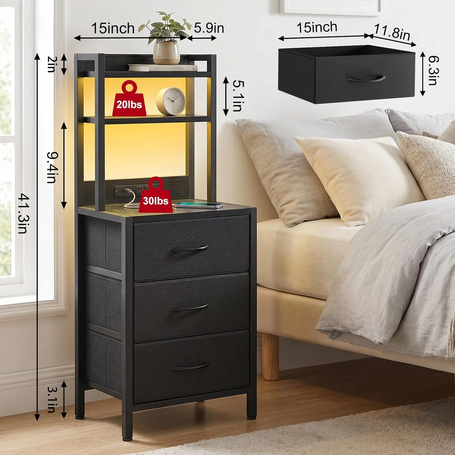 41 Inch Tall Nightstand with Charging Station, 3 Fabric Drawers, LED Lights & Open Shelves, Black - Image 4 41 Inch Tall Nightstand with Charging Station, 3 Fabric Drawers, LED Lights & Open Shelves, Black - Image 4