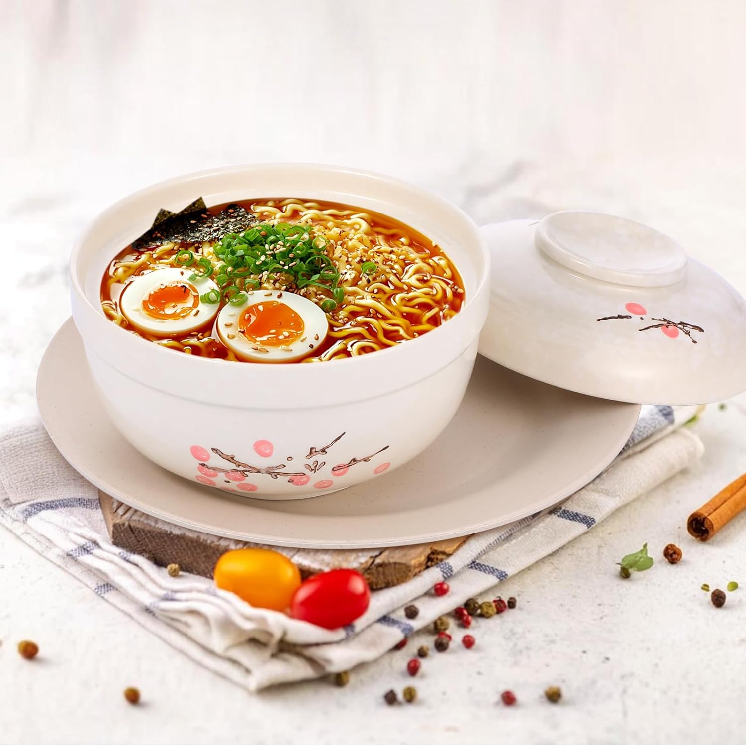 2 Pack Ceramic Ramen Noodle Bowl, 27 OZ Big Ramen Bowl with Lid, Japanese Hand-Painted Ceramic Tableware, Durable Floral Soup Bowl for Noodles, Porridge, Rice, Dishwasher Safe(Pink, Beige)