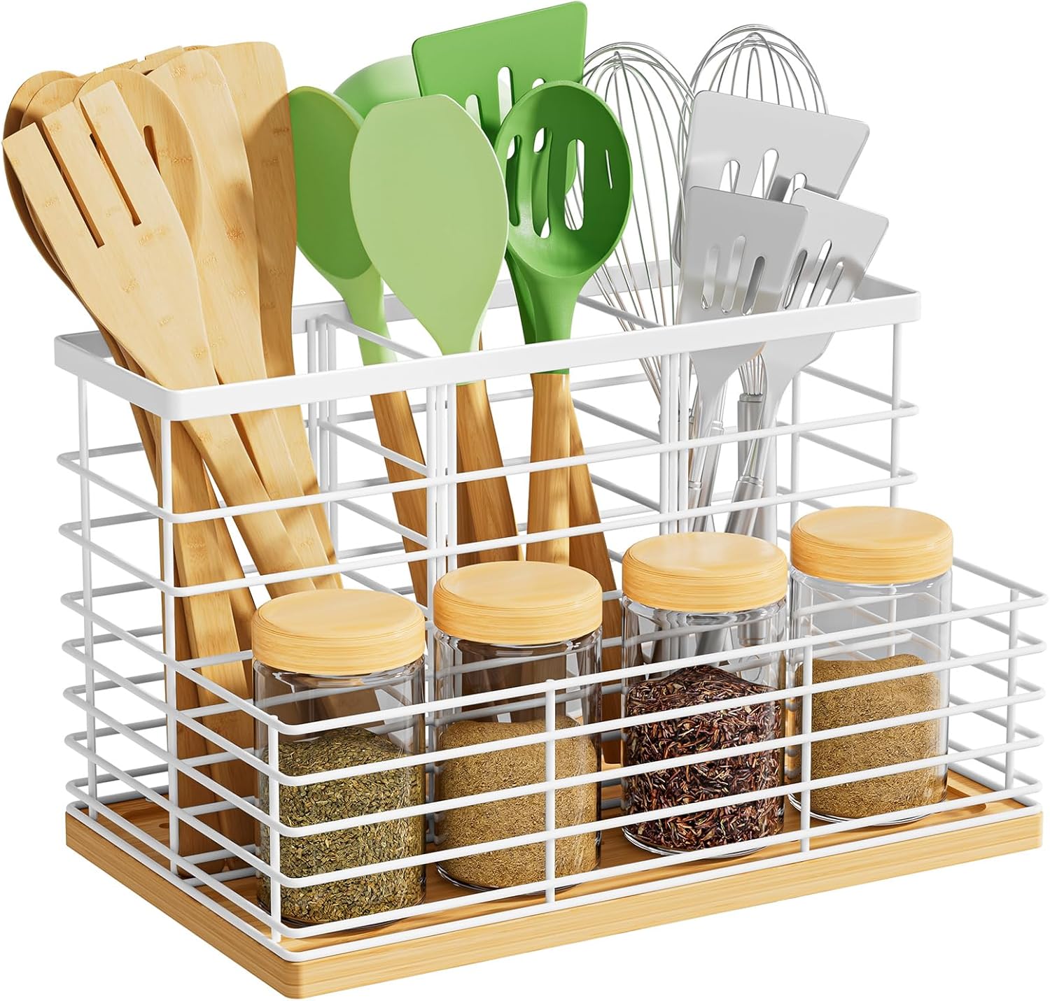 VITVITI Kitchen Utensil Holder for Counter, Large 4 Compartments Metal Bamboo Utensil Organizer, Farmhouse Cooking Utensils Holder Caddy for Countertop, Black