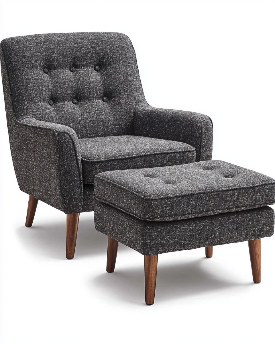 Sillón de descanso con reposapiés en tela gris oscura y patas de madera