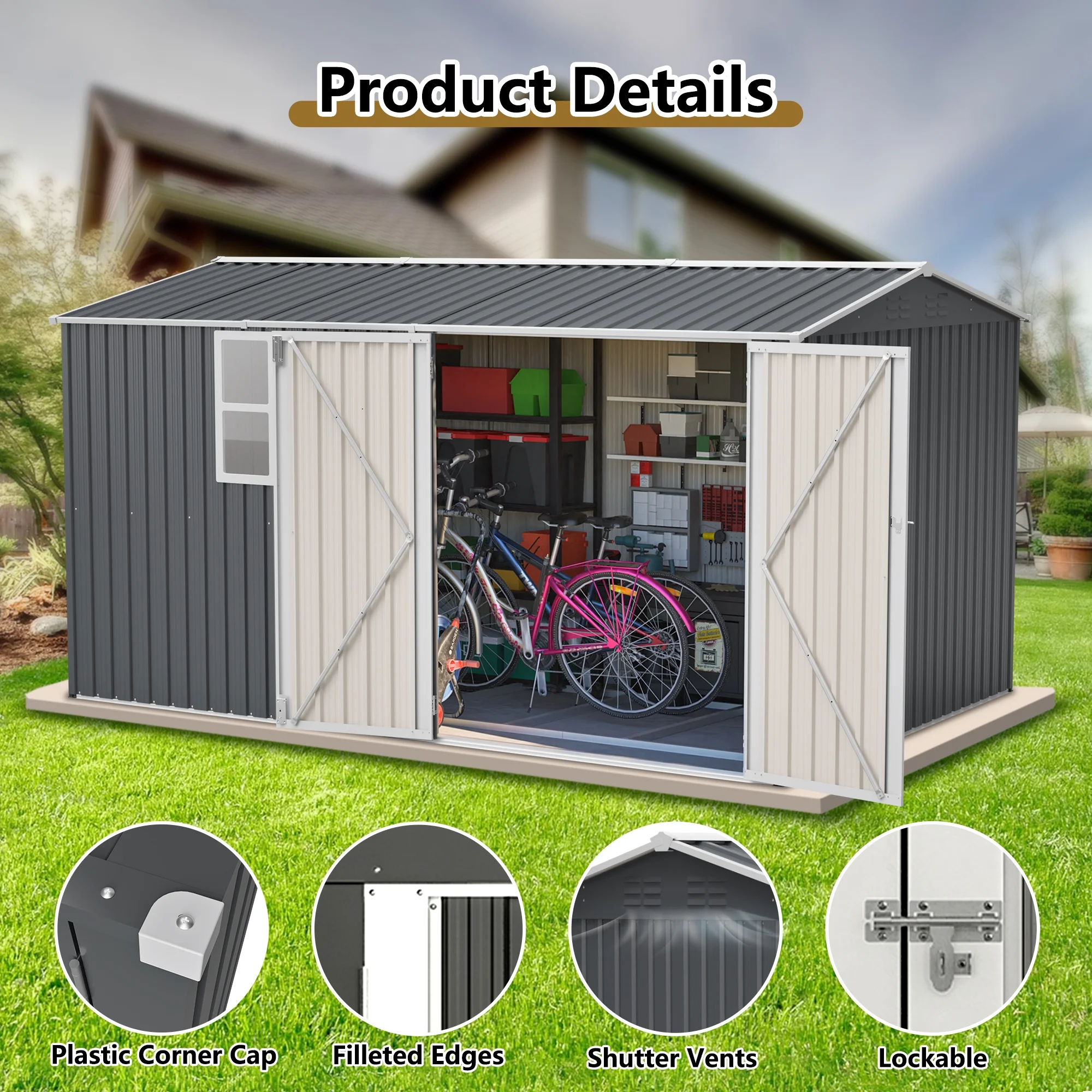 12x8 Ft Outdoor Storage Shed with Floor Frame, Metal Garden Tool Shed with Lockable Doors & Window, Ideal for Backyard Garden Patio Lawn, Grey - Image 6