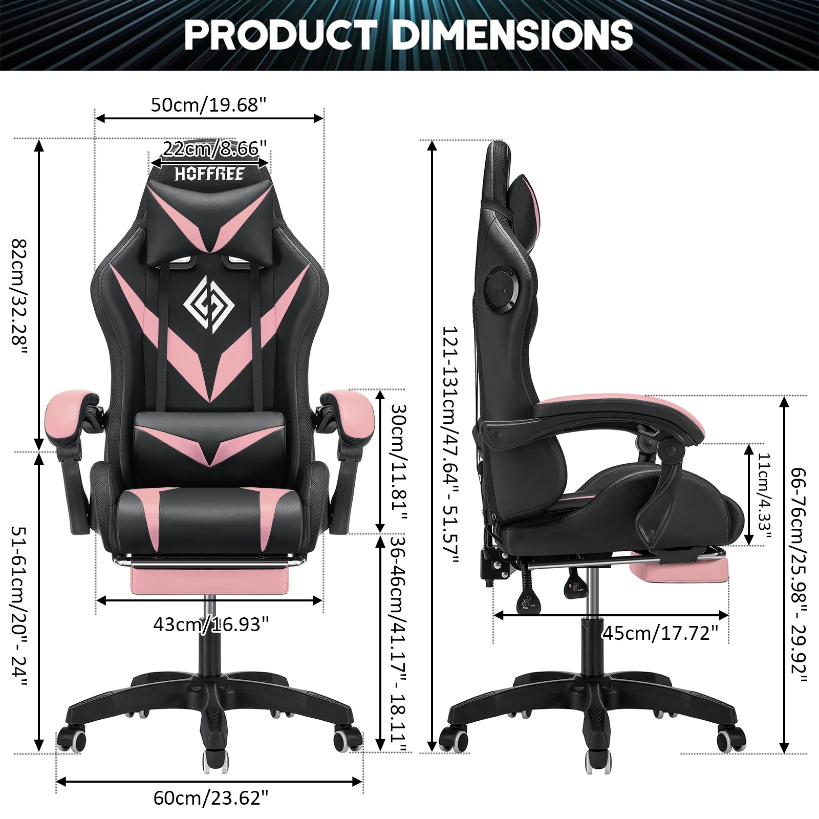 Hoffree Gaming Chair with Speakers PU Leather Office Chair with Footrest and LED Lights Ergonomic Gamer Chair with Massage Lumbar Support and Headrest Adjustable Swivel for Home Office 300lb - Image 22