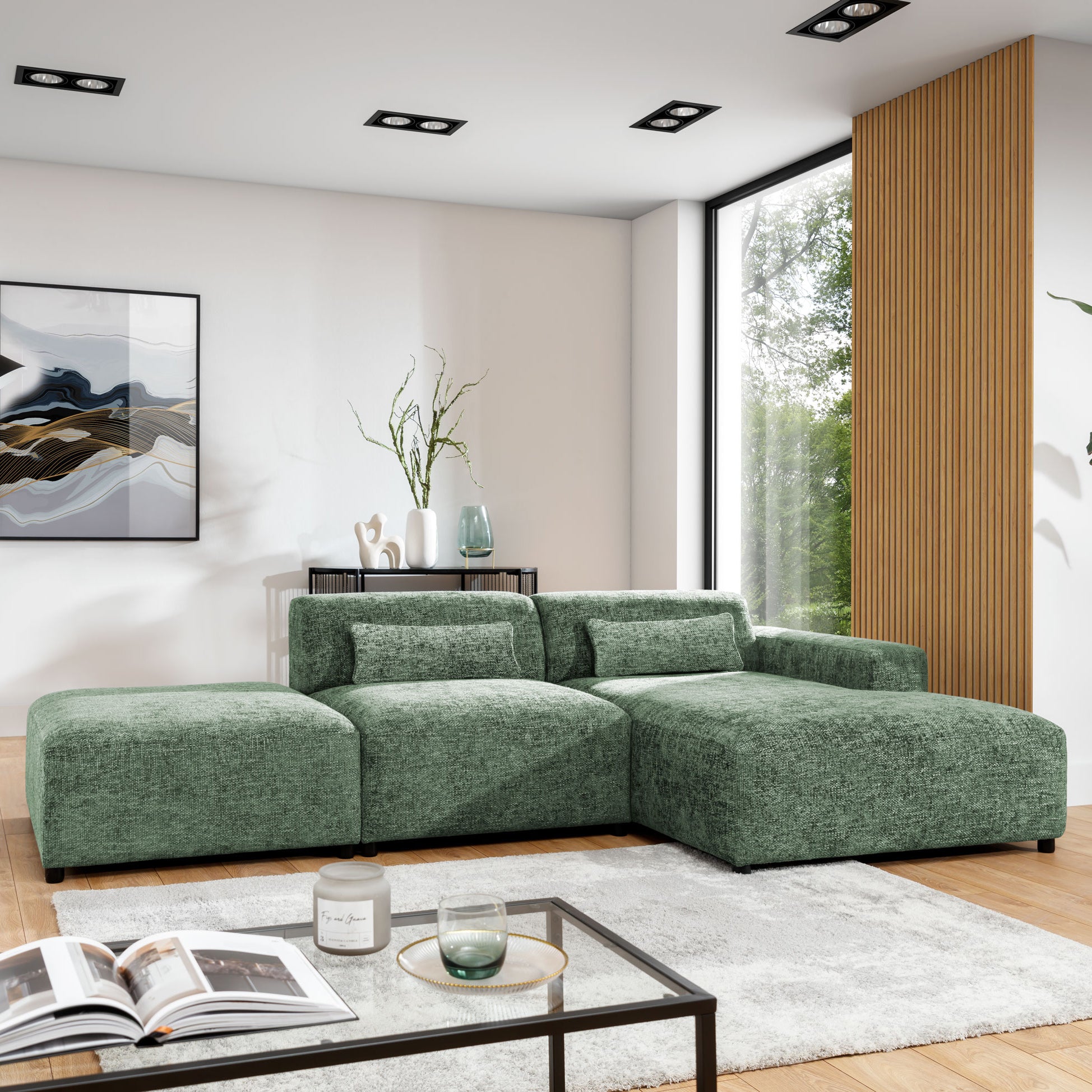 Blokker Velura Hoekbank Rechts met Hocker - Chenille - Groen