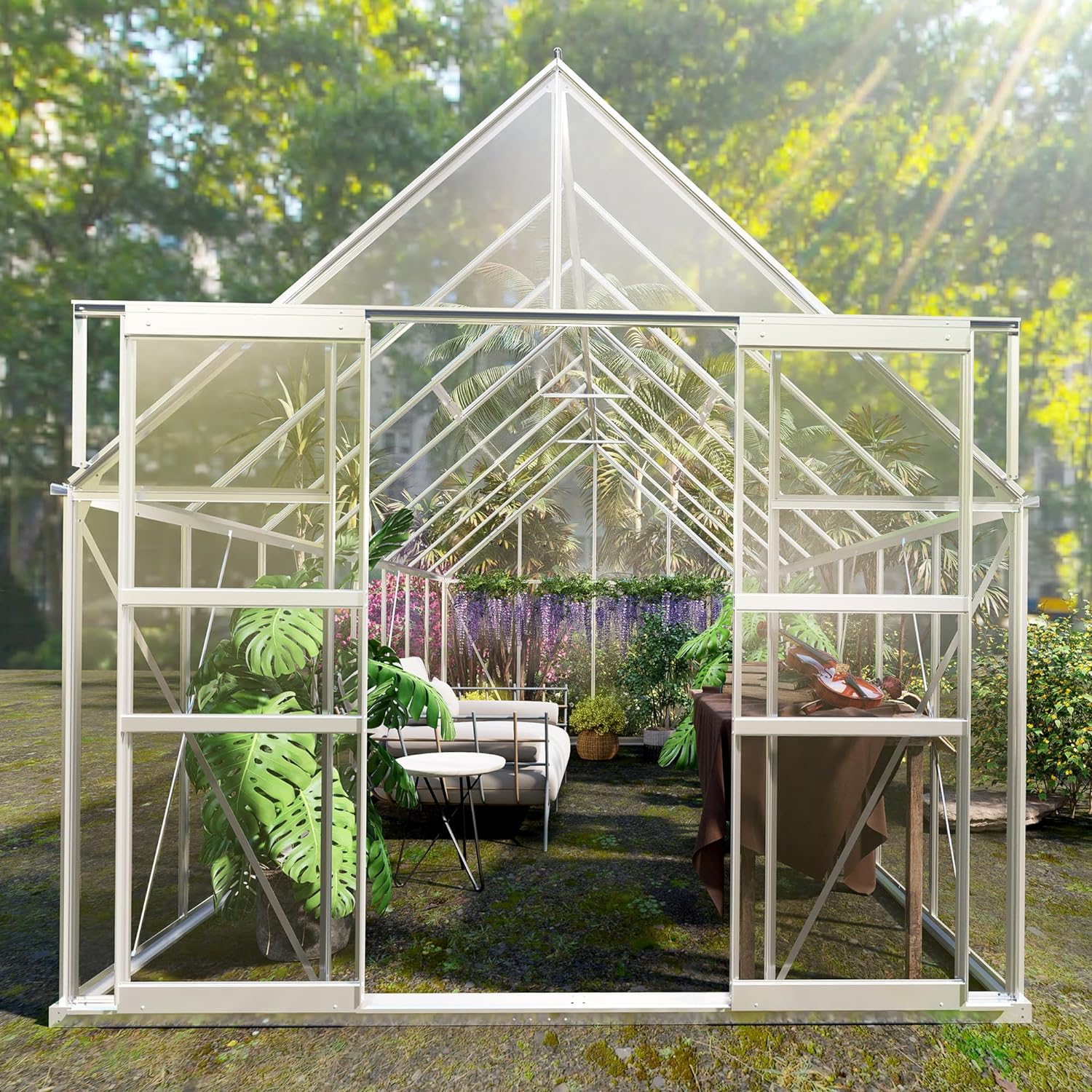 WAYFAIR FurniFusion 8' W X 16' D Walk-In Hobby Greenhouse, Polycarbonate Garden Green Houses With 4 Adjustable Vents, Sliding Doors, Ample Space, Aluminum Hot House For Outdoor Backyard, White