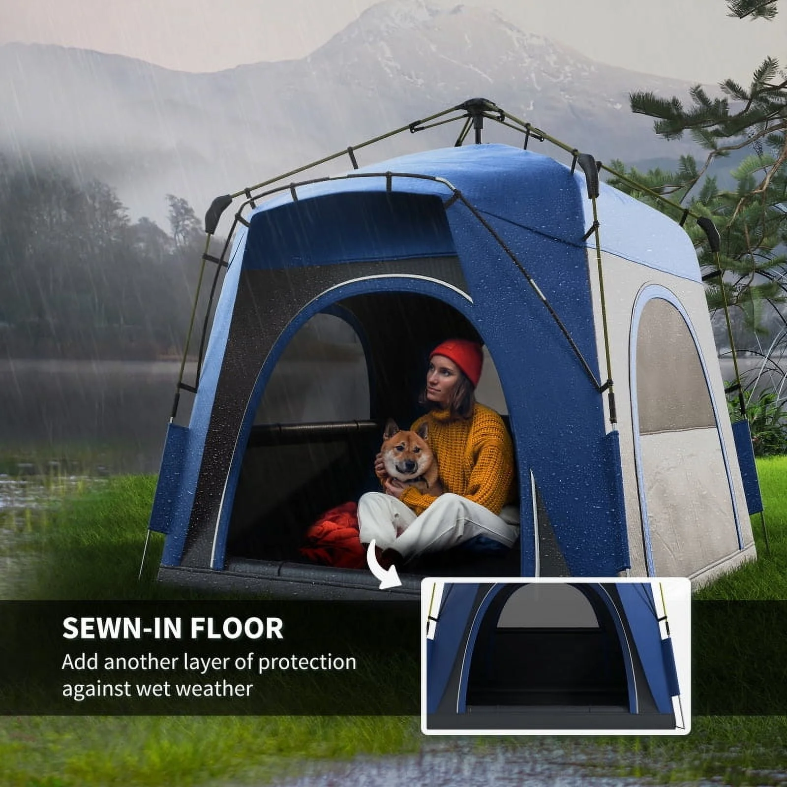 Outsunny Camping Tents 4 Person Pop Up Tent Quick Setup Automatic Hydraulic Family Travel Tent w/ Windows, Doors Carry Bag Included, Blue - Image 5