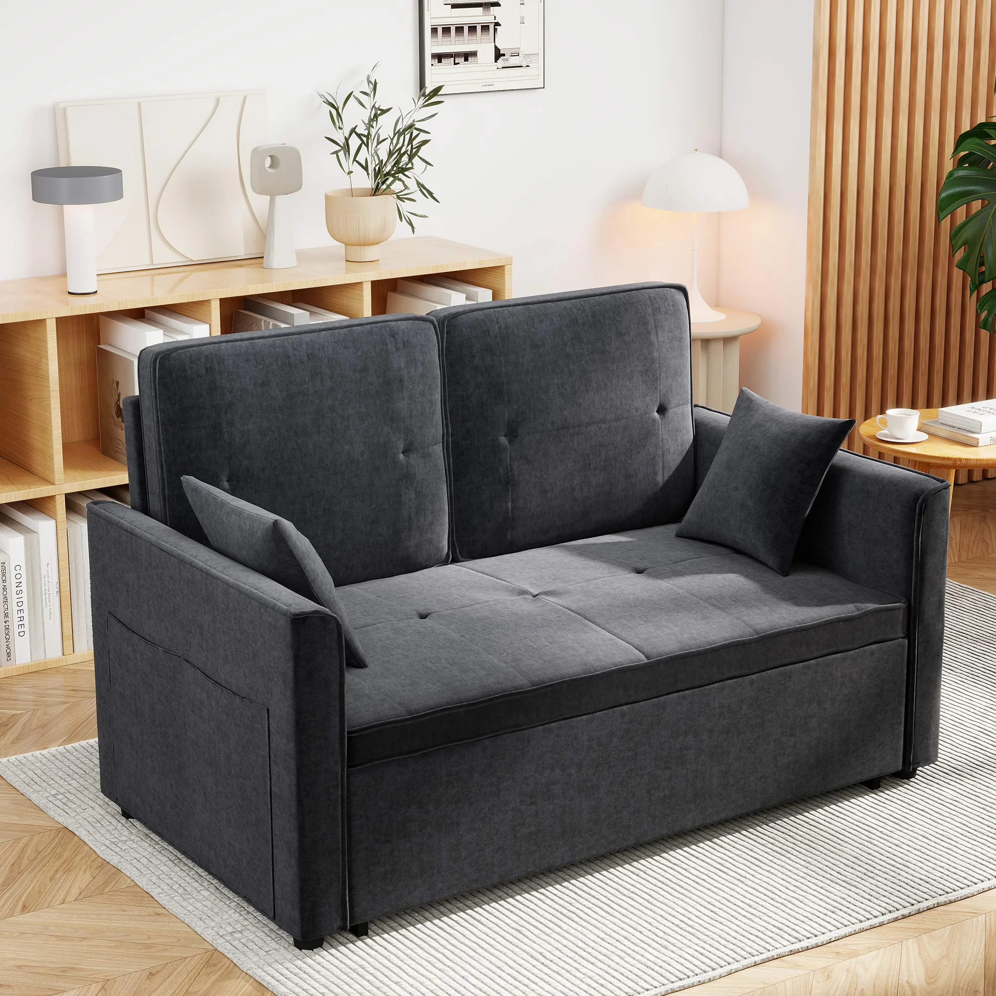 Convertible Sofa Bed,3-in-1 Sleeper Sofa with Pull Out Bed,Sleeper Futon Couch Loveseat with Adjsutable Backrest and Pillows for Living Room,Gray - Image 4
