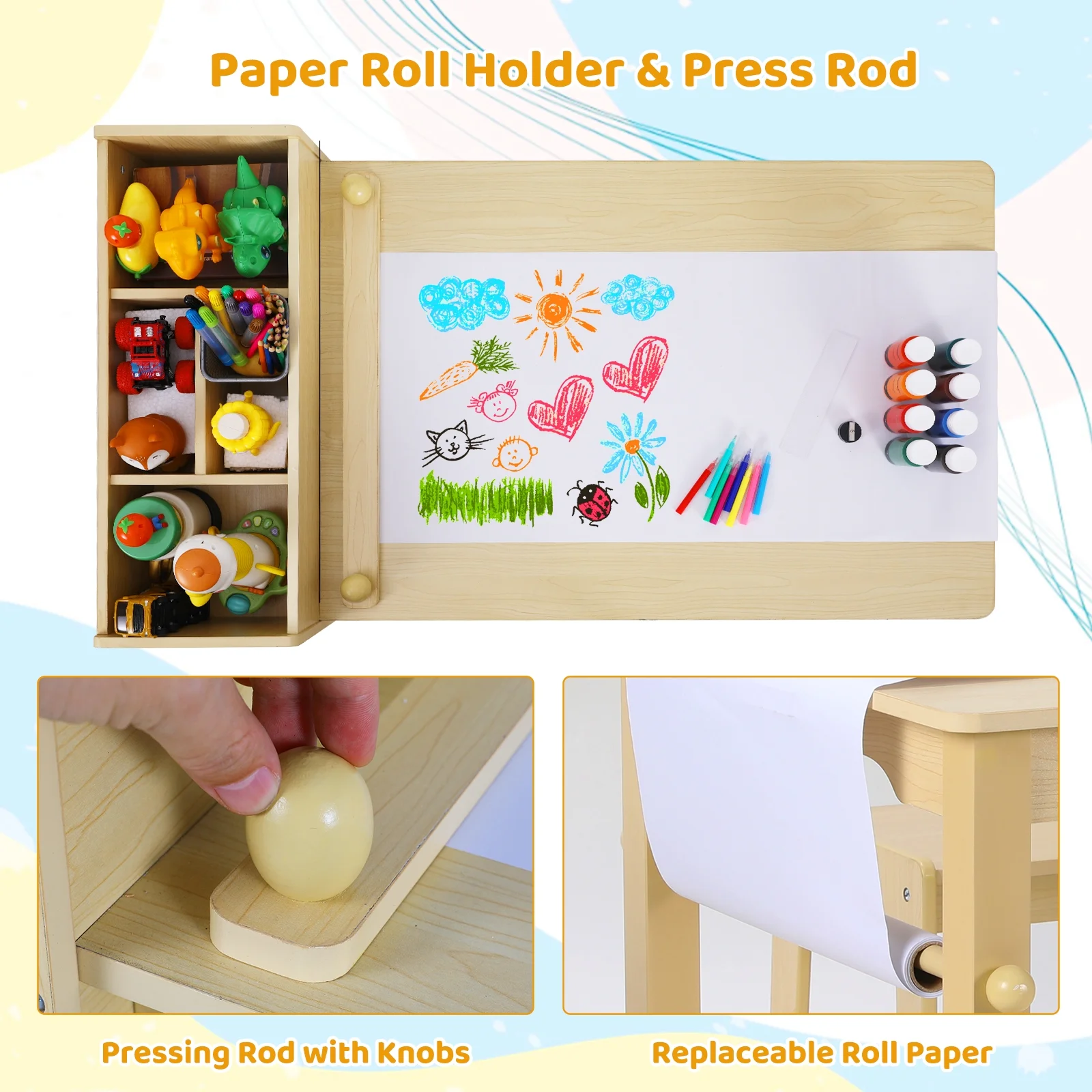 Pirecart Kids Art Table and 2 Chairs Toddler Craft Set Wooden Play Activity Drawing Table with 4 Storage Bins and Paper Roll - Image 7