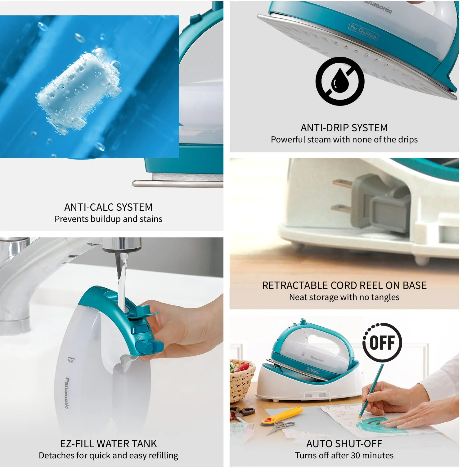 Panasonic Cordless Iron, Portable 360-Degree Freestyle Dry/Steam Iron with Precision Tips and Stainless Steel Soleplate, Anti-Calc and Anti-Drip, Power Base and Carrying/Storage - NI-QL1100L (Silver) - Image 9