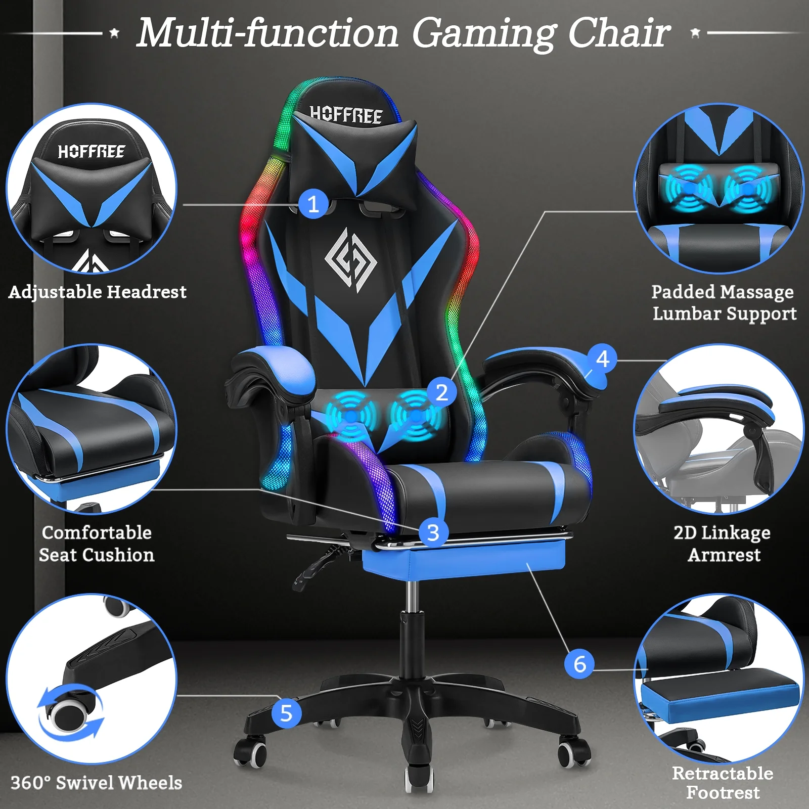 Hoffree Gaming Chair with Speakers PU Leather Office Chair with Footrest and LED Lights Ergonomic Gamer Chair with Massage Lumbar Support and Headrest Adjustable Swivel for Home Office 300lb - Image 18