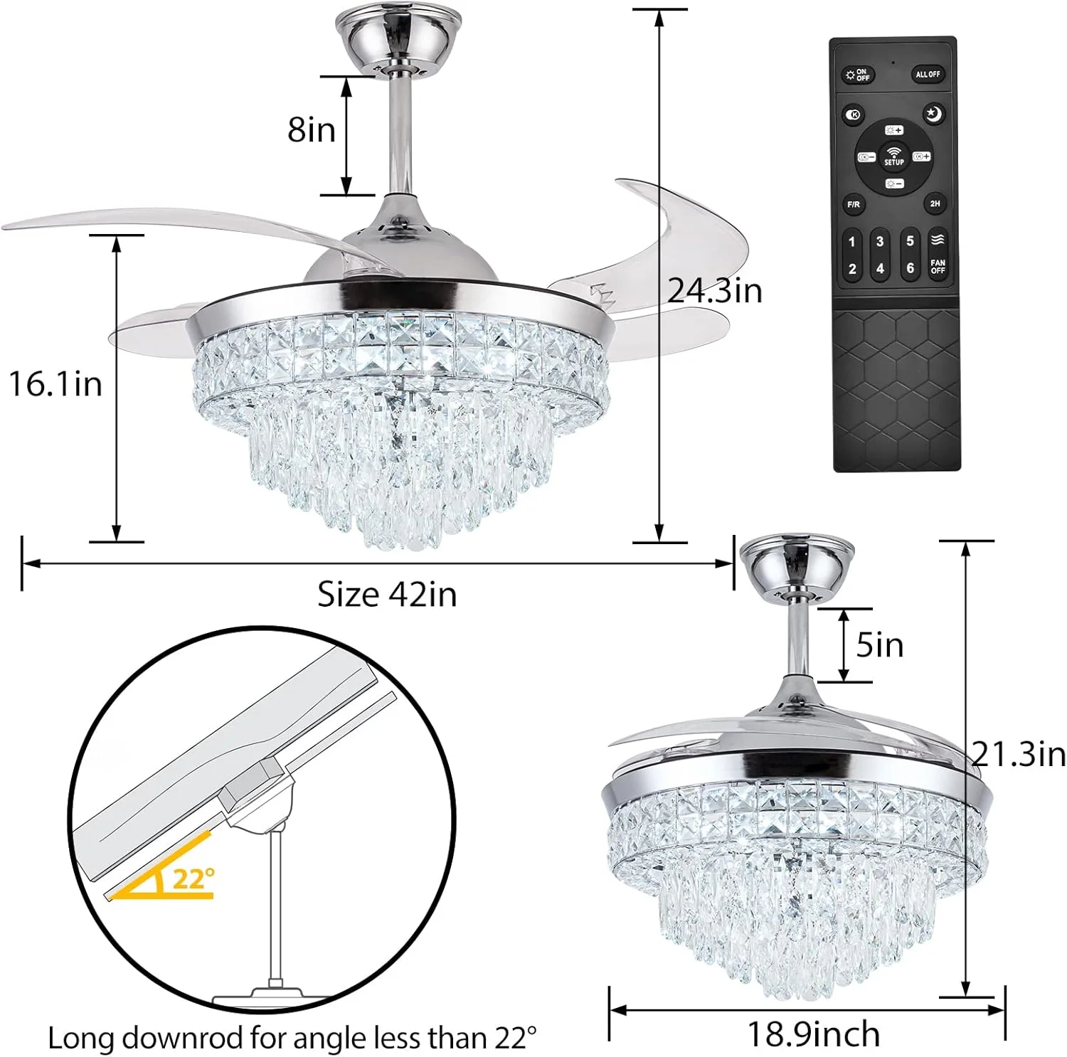 Datingday 42 Inch Crystal Ceiling Fan Golden Crystal Ceiling Fan Chandelier with Remote 6 Speeds 3 Colors Changes Lighting Fixture, 4 Blades Retractable Fans for Bedroom Living Room Dining Room - Image 19