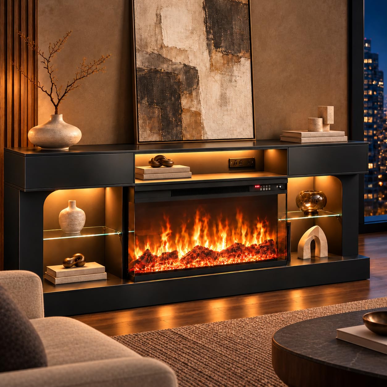 70 Inch Electric Fireplace TV Stand, Modern Entertainment Center with Fireplace, Storage Cabinets, Open Media Shelf and Glass Shelves, TV Console for Living Room, Black - image 2