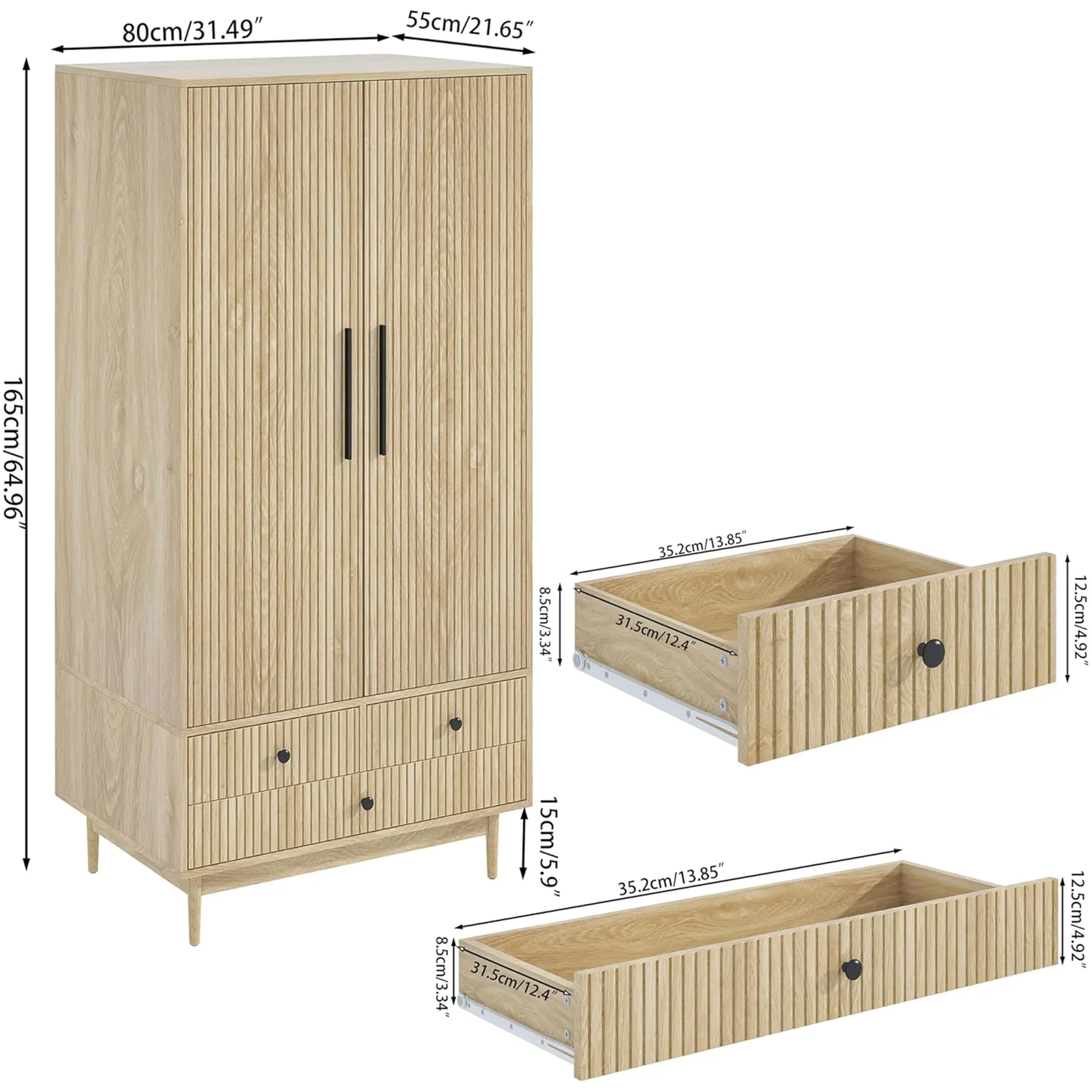 Oubayajia Wardrobe Armoire Closet, 2 Fluted Doors Wardrobe Cabinet with 3-Drawer and Hanging Rod, Wood Wardrobe Storage for Bedroom - Image 2