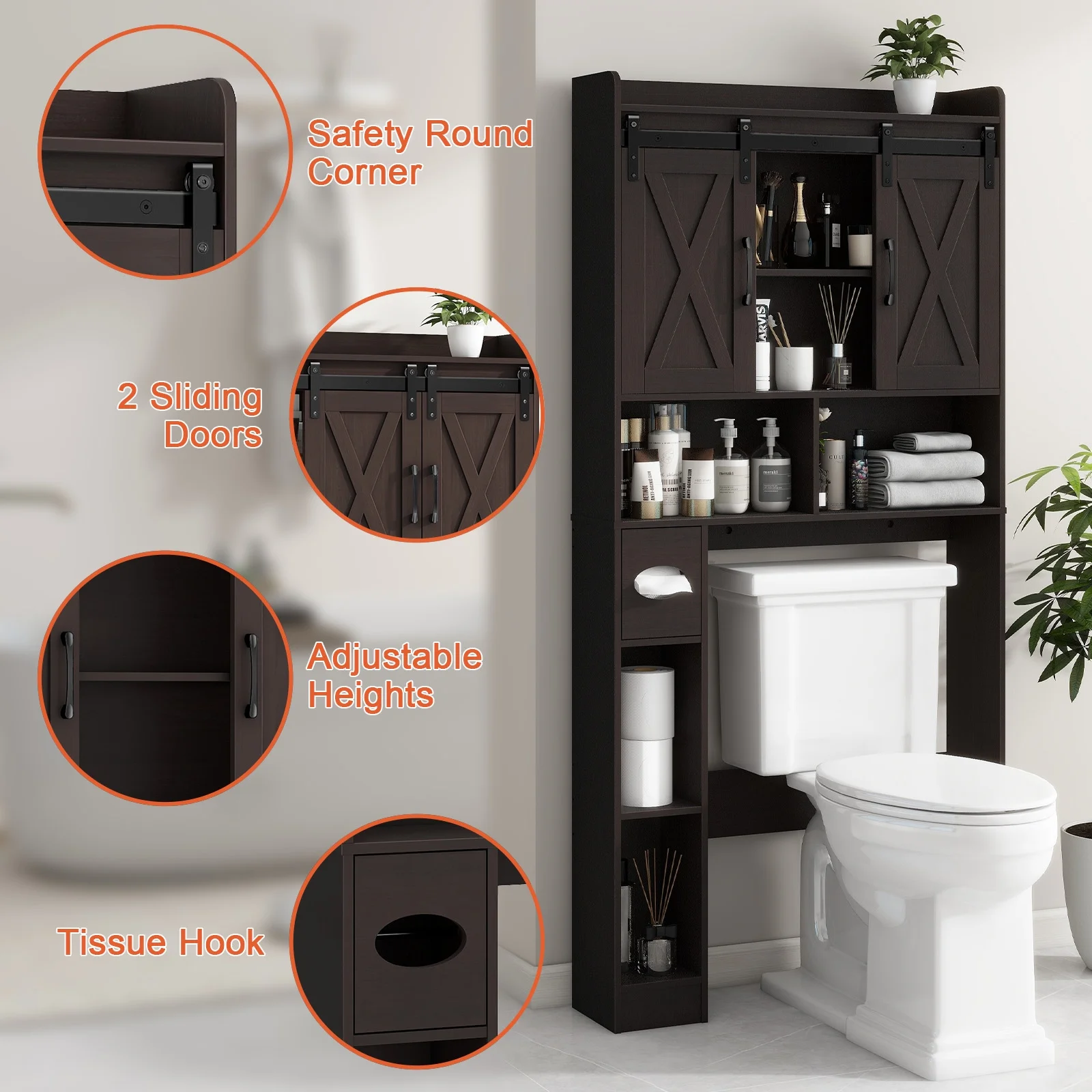 Over The Toilet Storage Cabinet, Farmhouse Storage Cabinet Over Toilet with Sliding Doors-Home Space-Saving Toilet Rack, for Bathroom, Restroom, Laundry - Image 20