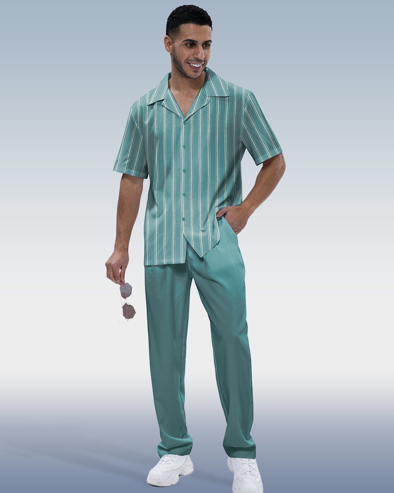 Vertical Stripe Two-Piece Short Sleeve Printed Walking Suit