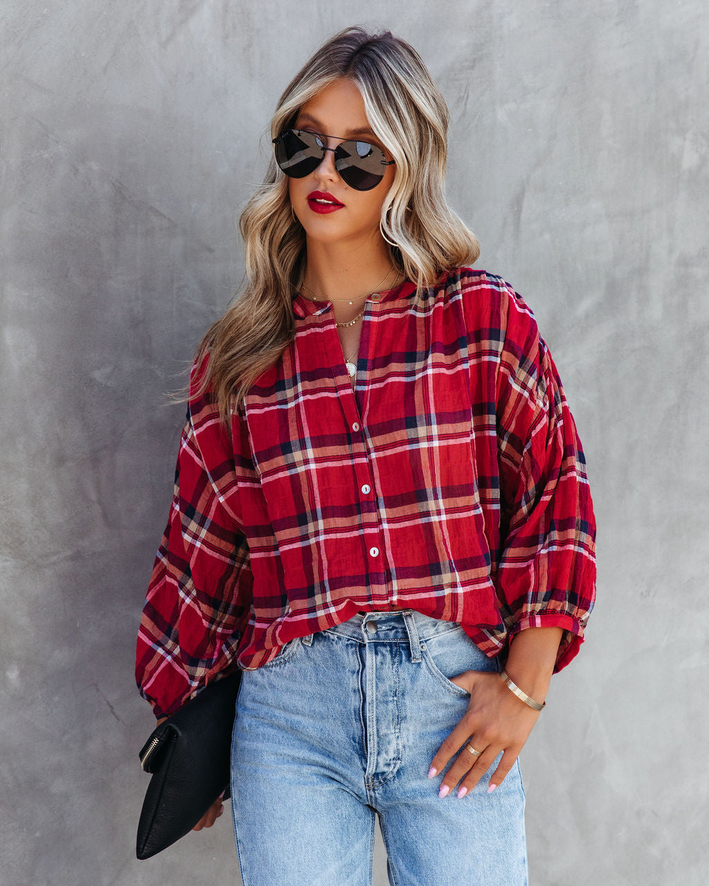 Applecrest Plaid Cotton Button Up Top - SALE - Se7enfashion