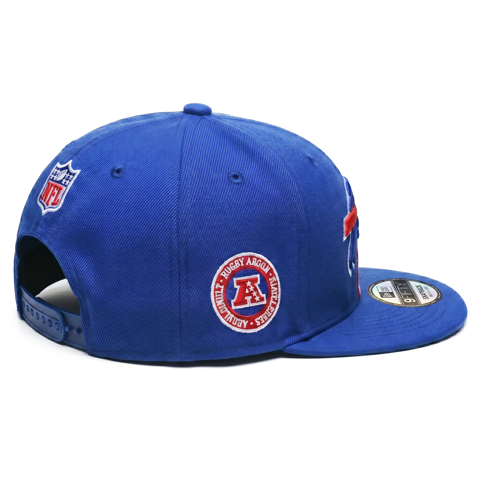 Blue Buffalo Bills New Era fitted hat. A side view showing the detailed 50th anniversary patch and back NFL logo