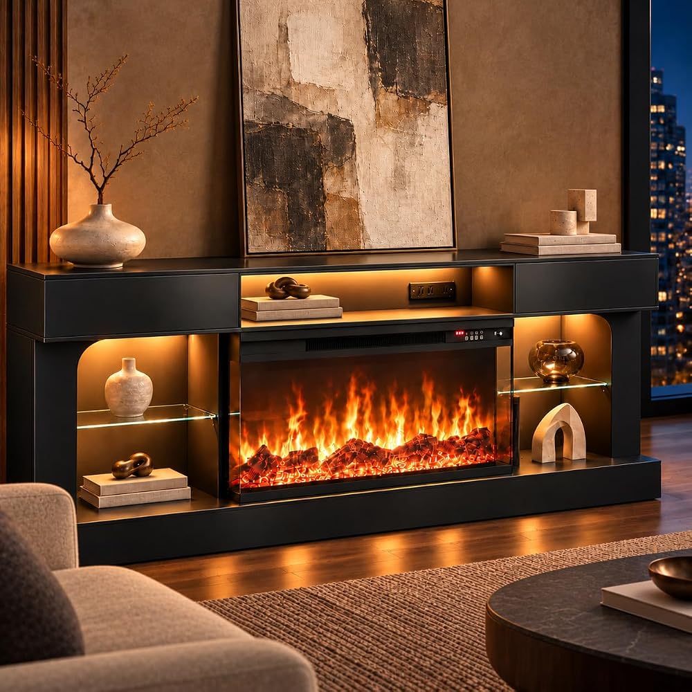 70 Inch Electric Fireplace TV Stand, Modern Entertainment Center with Fireplace, Storage Cabinets, Open Media Shelf and Glass Shelves, TV Console for Living Room, Black