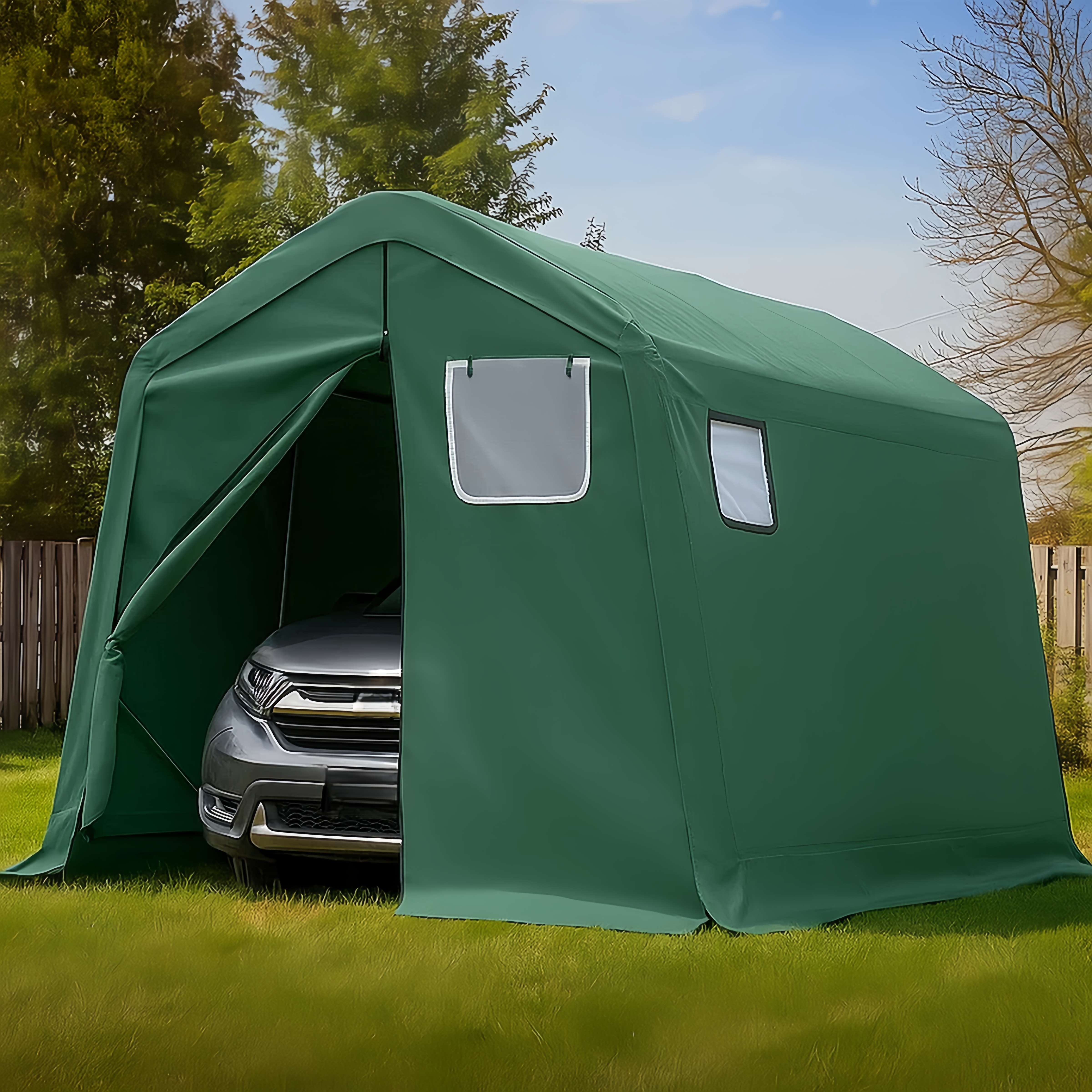 Carpa garaje 3,3x4,8x2,7m PE verde para coche con puertas enrollables y estructura de acero galvanizado