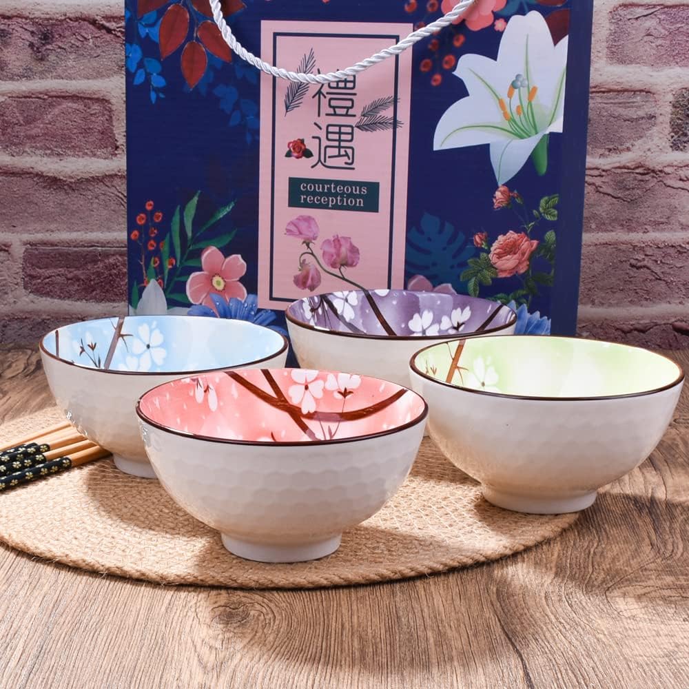 4-Piece Ceramic Rice Bowl Set with Chopsticks – 4.5