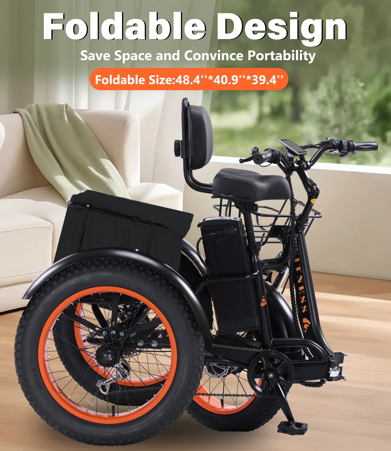 YEBEI Electric Tricycle for Adults Folding E-Trike Motorized Tricycle Electric 3 Wheels Trike Powerful 500W Motor Electric Tricycle 48V15AH Lithium Battery Max 20MPH 20*4.0- Fat Tire Orange - Image 14