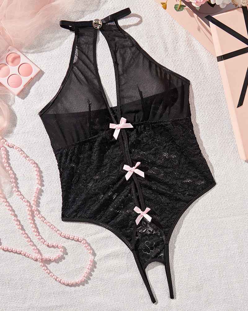 Hollow Bow Mesh Crotchless Bodysuits