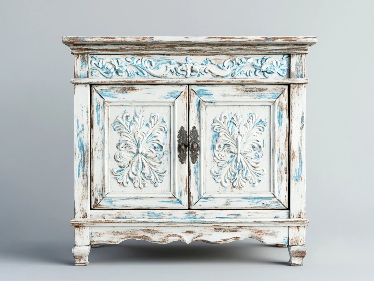 Aparador vintage blanco azul armario madera pequeño para sala de estar dormitorio estilo rústico con puertas talladas 80x40x75 cm RL8969980