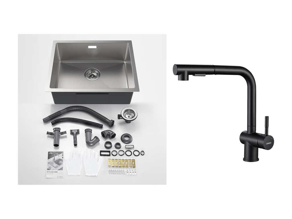 2 en1 Fregadero de Cocina 1 Bandeja 55*44*19CM, para Empotrar/Flor/Sub-Plan, Cepillado+Grifo Cocina Ducha Extraíble Dos Jets Giratorio 360°,Negro
