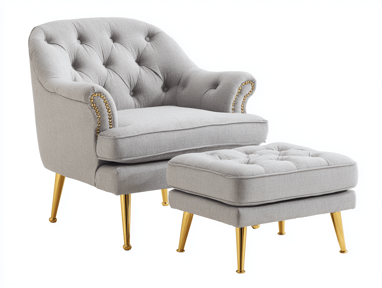 Sillón tapizado en tela gris claro con reposapiés – patas doradas – respaldo capitoné – diseño elegante clásico – 78×80×90 cm
