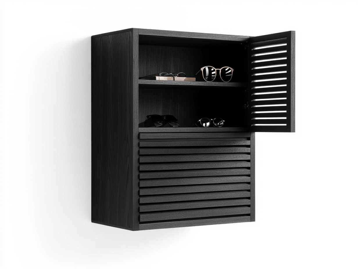 Armario de pared madera negra con puerta de lamas 2 estantes 40x20x60cm