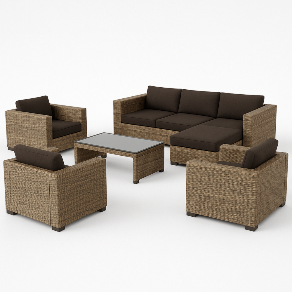 Conjunto de sofá exterior 3 plazas + 3 sillones + mesa de centro, aluminio, ratán sintético y vidrio