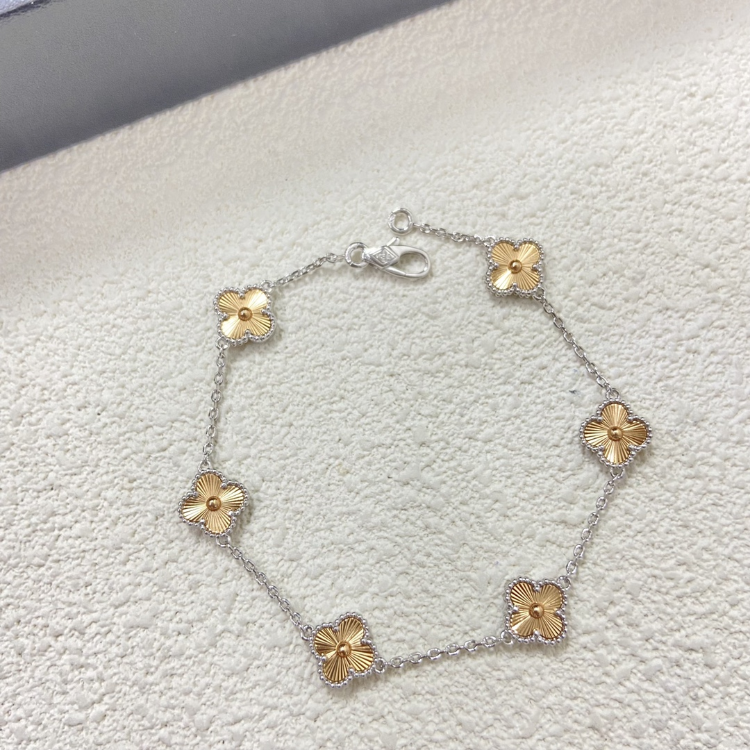 VCA Two-tone Guilloche Sweet Alhambra Bracelet, 6 Motifs - Original Replica Club