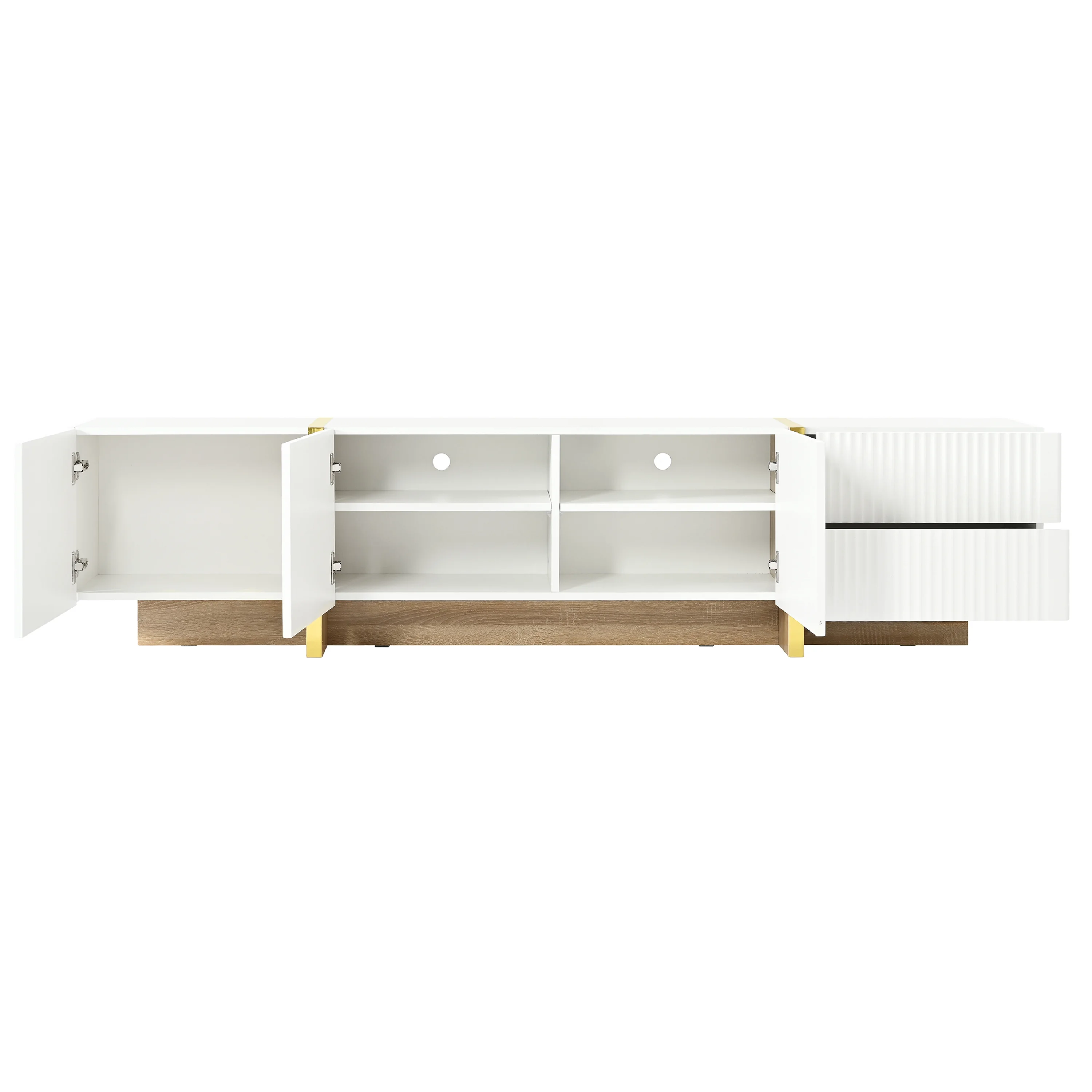 Luxury Fluted TV Stand for TVs Up to 80'', Modern Entertainment Center with Storage Cabinets & Drawers, Smooth Media Console with lden Wood Grain Legs for Living Room, White - Image 3